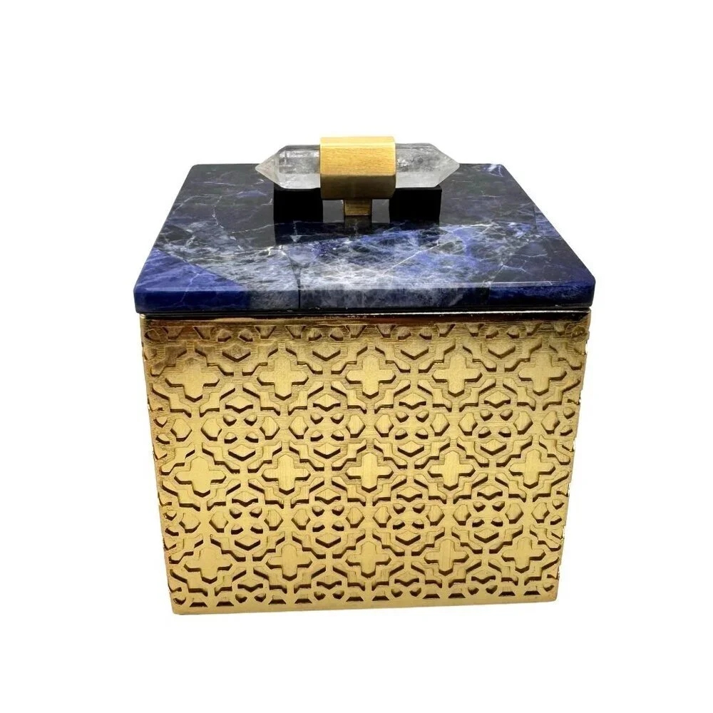 NEW Kendra Scott Ornate Jewelry Box  Gold Blue Sodalite Quartz Gold Tone Square
